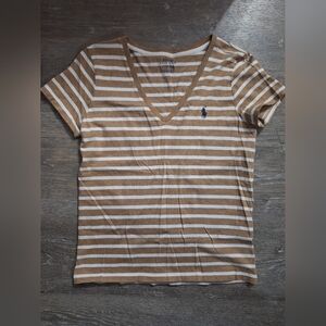 Polo Ralph Lauren Tan and White Striped Long Sleeve Tee